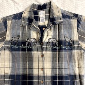 Plaid zebra layered short sleeve button up shirt
